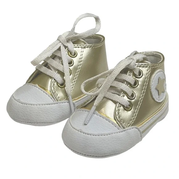 new Bento Bebe De Grife ★ Gold Star Newborn Baby Booties Sneaker ★ Metallic Gold - Picture 5 of 16